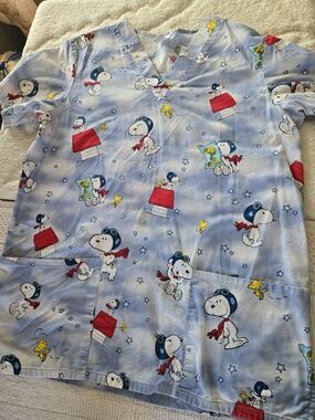Peanuts Light Blue Snoopy & Woodstock Print Scrub Top